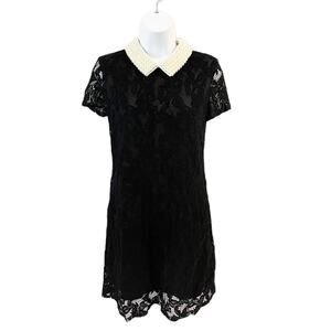 Betsey Johnson Faux Pearl Collared Black Velvet Lace Dress Size 2